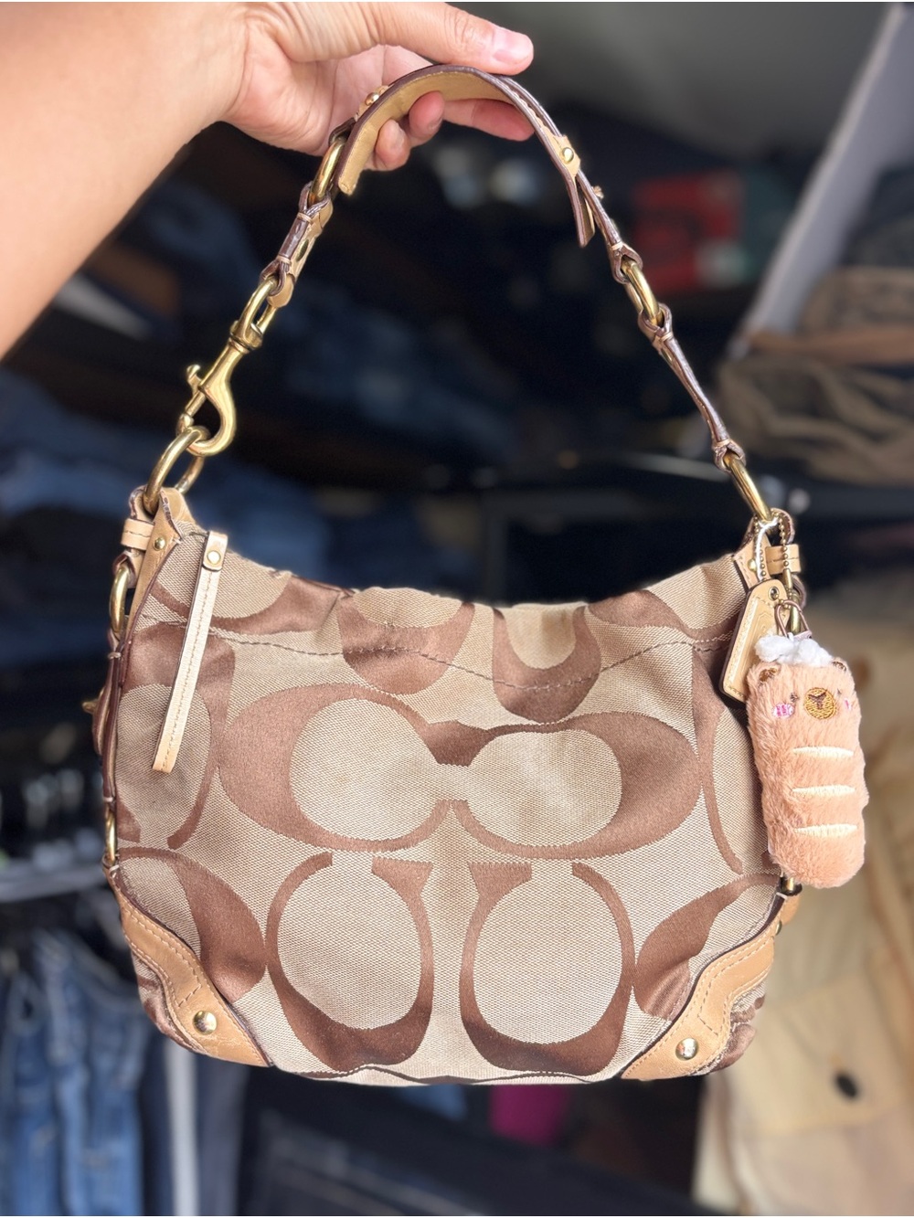 Coach Brown Signature Canvas Hobo with Leather Trim